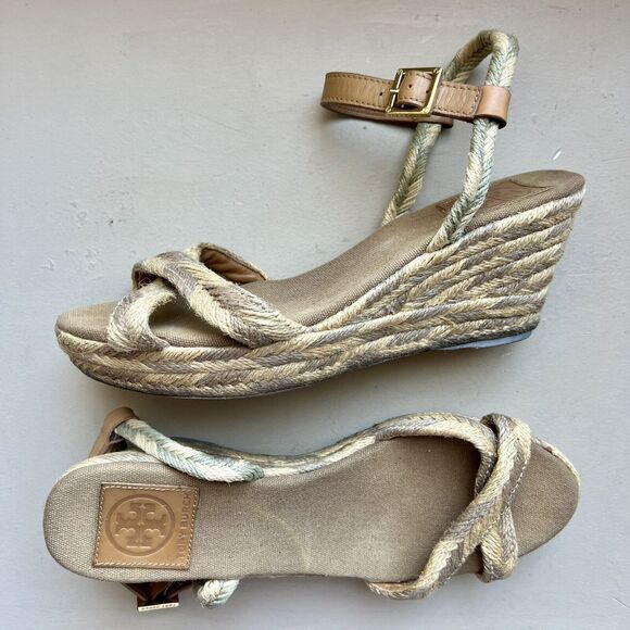 Tory Burch Camelia Tan Taupe Blended Jute Espadrille Wedge Sandal Ankle Strap 10 - Picture 16 of 16